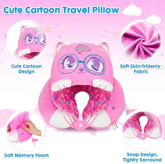 Travel Neck Pillow with Hood for Kids Adult Cute Soft Plush Memory Foam Airplane Neck Pillow for Traveling Animal Flight Pillow Head Rest Neck Support for Cars Long Flights