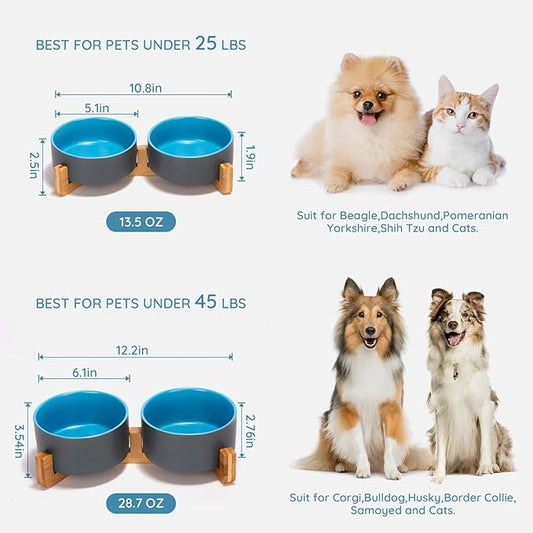 SPUNKYJUNKY Ceramic Dog and Cat Bowl Set with Wooden Stand, Modern Cute Weighted Food Water Set for Small Size Dogs (13.5OZ) & Medium Sized Dogs (28.7OZ) & Cats (1.7 Cups, 2 × Blue-Grey)