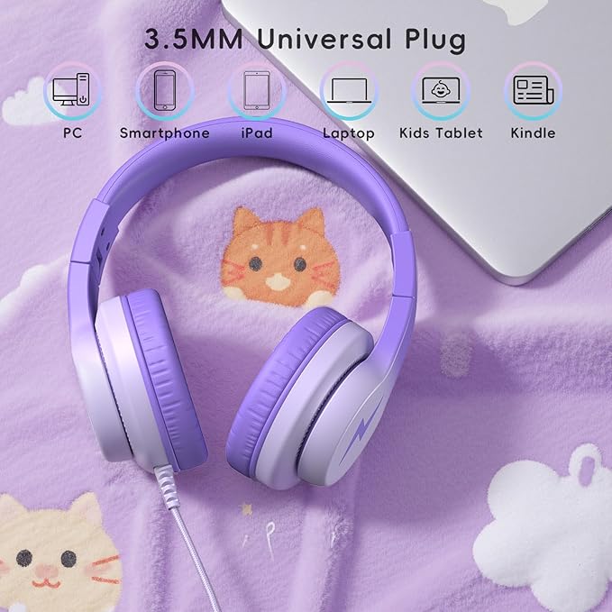 Kids Headphones, Wired Headphones for Kids Over Ear with Microphone, 85/94dB Volume Limiter Headphone for Girls Boys, Foldable Headphone for Learning & Entertainment, Gradient Deep Purple