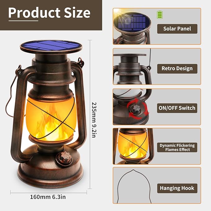 Solar Lantern Outdoor Waterproof,LED Vintage Flickering Flame Solar Lights,Camping Lamps,Solar Powered Hanging Rustic Heavy Duty Lantern Landscape Decor for Patio Garden Yard Deck Pathway,2Pack