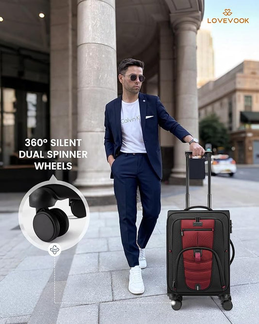 LOVEVOOK Business Softside Checked Luggage with 15.6/17.3 Inch Laptop Compartment, 24 Inch Checked Suitcase with Spinner Wheels, Large Capacity Luggage with TSA Lock for Business Trip Travel Red&Black