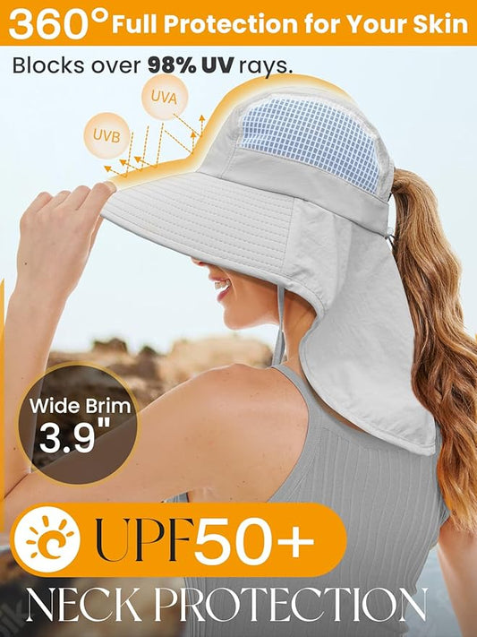 Sun Hats for Women UV Protection with Neck Flap Wide Brim Beach Hats with Ponytail Hole for Hiking Fishing Gardening Travel