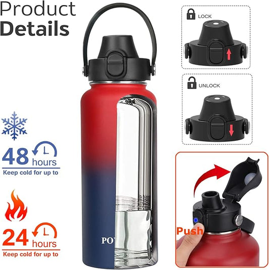 Water Bottle Insulated 32oz 40oz 64oz 128oz Straw Lid Spout Lid & 3 Lids, Leak Proof, Vacuum Insulated,Stainless Steel Water Bottle Wide Mouth for Sports, Gym or Office