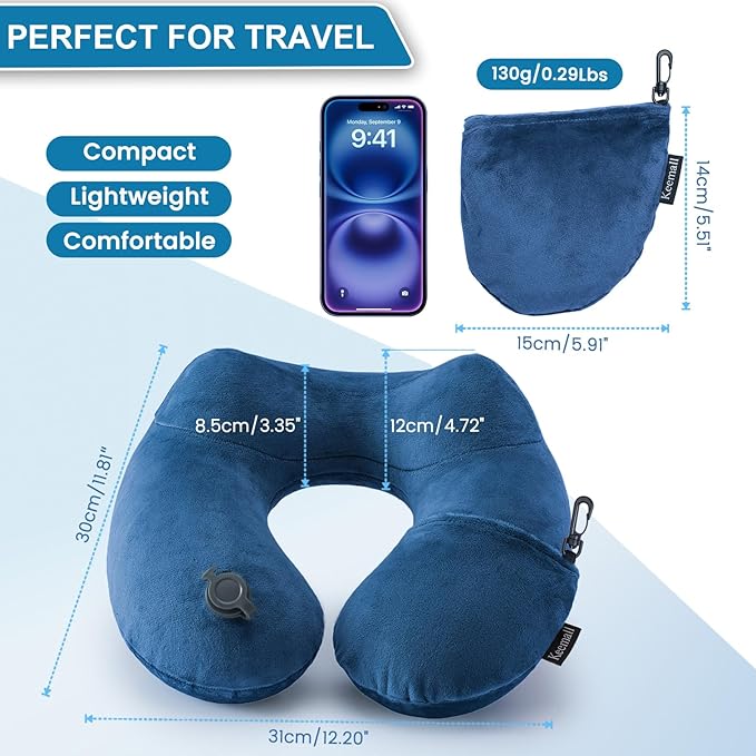 Inflatable Neck Pillow Airplane, Comfortable Inflatable Travel Neck Pillows for Airplanes Traveling on Plane, Soft Plush Cover Head Neck Rest Sleeping Long Flight for Car Train Office Home