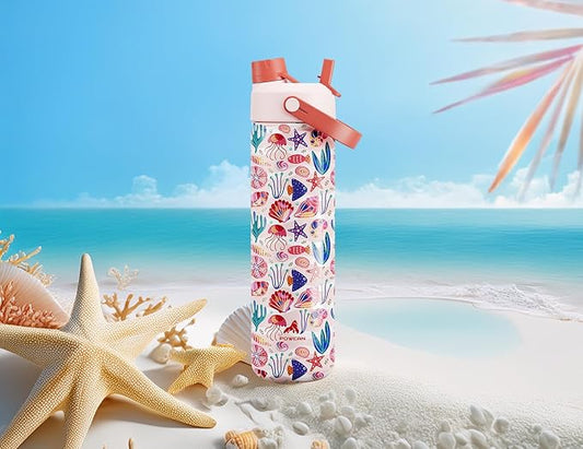 POWCAN 26 oz Insulated Water Bottle with 2-in-1 Straw and Spout Lid, Keep Cold 24H, Leak-Proof, Fits in Car Cup Holder, Stainless Steel Water Bottle for Sports, Travel, Gym and School (Ocean Carnival)