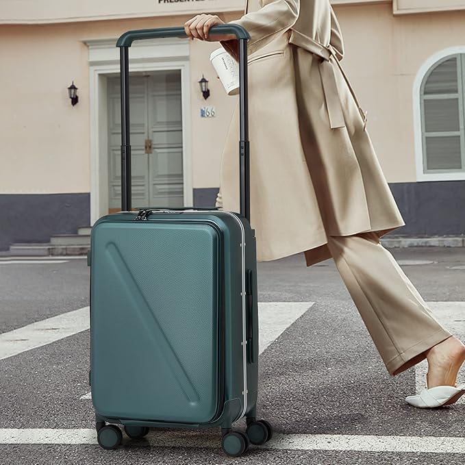 MILADA Wide Handle Luggage with Front Pocket Hardshell Aluminium Check In Suitcase with Wheels Medium 24 Inch Front Opening Checked Luggage with Spinner Wheels TSA Approved Luggage, Blackish Green