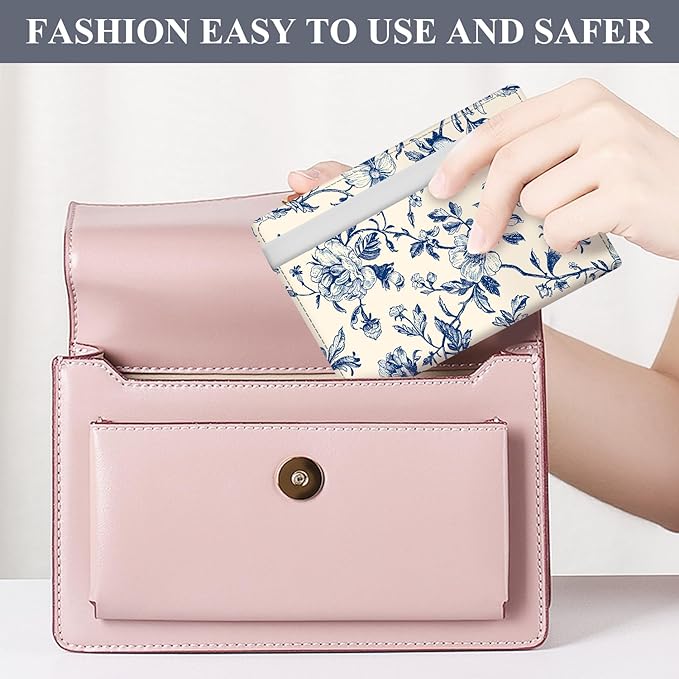 Passport Holder for Travel Essentials, RFID Premium Leather Passport Wallet Cover Case for Travel Must Haves Accessories, Passport Book Holders for Women Men Luxuxry Blue Flowers