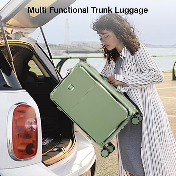 Hanke 24 Inch Luggage with Cup Holder and Charge,Top Opening Hard Shell Suitcases with Wheels and Dividers,Aluminum Frame Trunk Luggage Medium Checked Suitcase with Lock for Travel,Bamboo Green