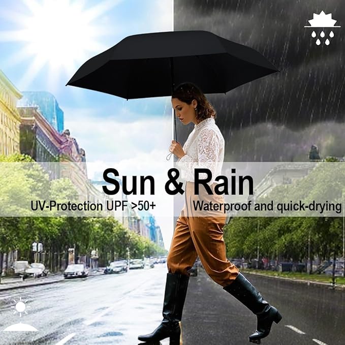 Windproof Mini Travel Folding Umbrella - UPF 50+ Sun & Rain Protection, Small Compact Lightweight Design Fits in Pocket or Bag, Eco-Friendly Fabric Wallet Umbrella for Commuter, Men Women Boys Girls