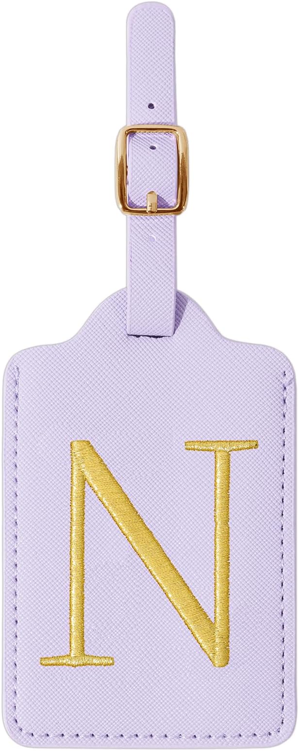 Personalized Initial Luggage Tags for Suitcase, Purple Leather Cute Luggage Tags with Privacy Cover Name Card, Embroidered Custom Monogrammed Luggage Tag Travel Backpack Tags Gifts for Women Kids(N)