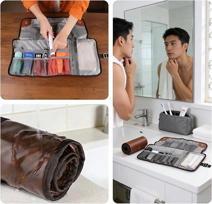 Men's Toiletry Travel Bag, Bathroom Bag For Traveling,Large 21-Inch Roll-Up Dopp Kit, Waterproof PU Leather Compact Organizer for Shaving & Bathroom Essentials