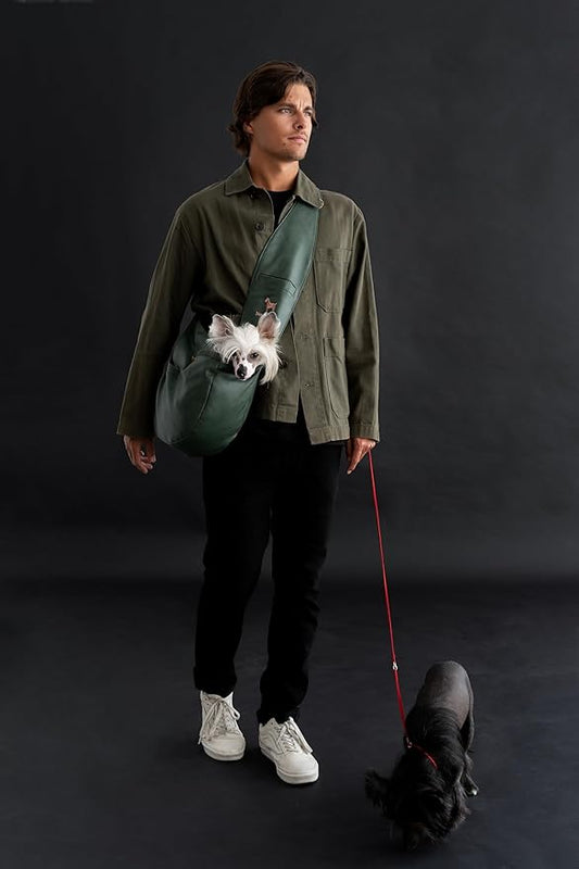 Noah & Paw Dog Sling Carrier for Small Dogs 5-18lb, Dog Sling for Small Dogs and Cats, Dog Carrier with Adjustable Padded Strap, Vegan Denim Lined with Fur, 3X Safety Features, Machine Washable