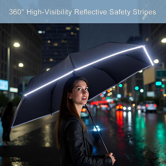 GAOYAING Mini Compact Travel Umbrella with Reflective Safety Stripes, Portable Folding Design with Case