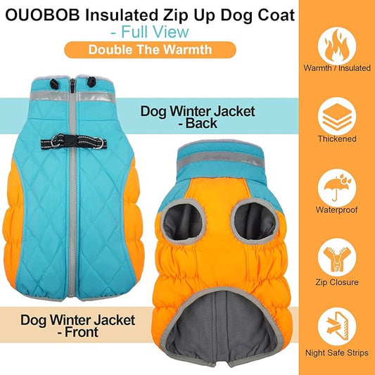 OUOBOB Warm Dog Coats for Small Dogs, Puppy Jacket, Waterproof Dog Jacket with Harness Built in, Zipper Clousure, Fleece Lining for Cold Weather, Small Puppy Clothes for Chihuahua, Maltese - XS