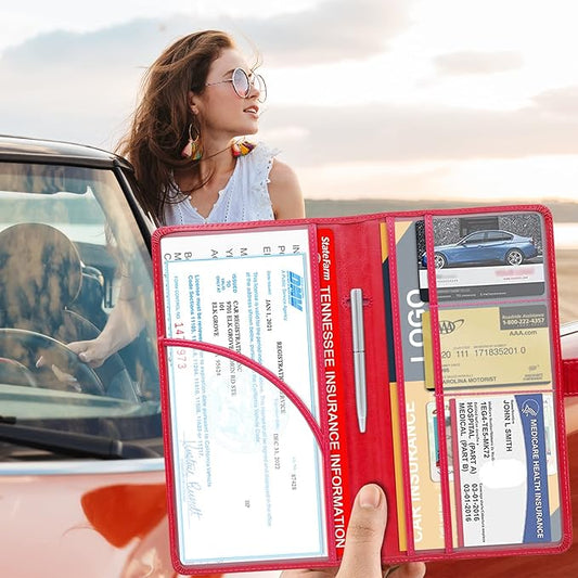 RSAquar Car Registration and Insurance Holder, Leather Car Glove Box Organizer, Cool Car Accessories for ID, Driver's License Cards & Essential Document, Men&Women, Red