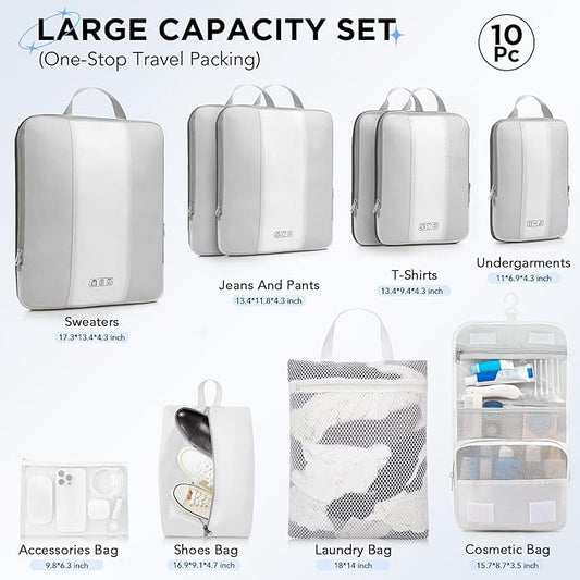 10 Set Compression Packing Cubes for Travel Essentials,Compressible Expandable Packing Cubes for Suitcase,OlarHike Luggage Organizer Bags for Travel,Handy Helper for Organizing Clothes(White)