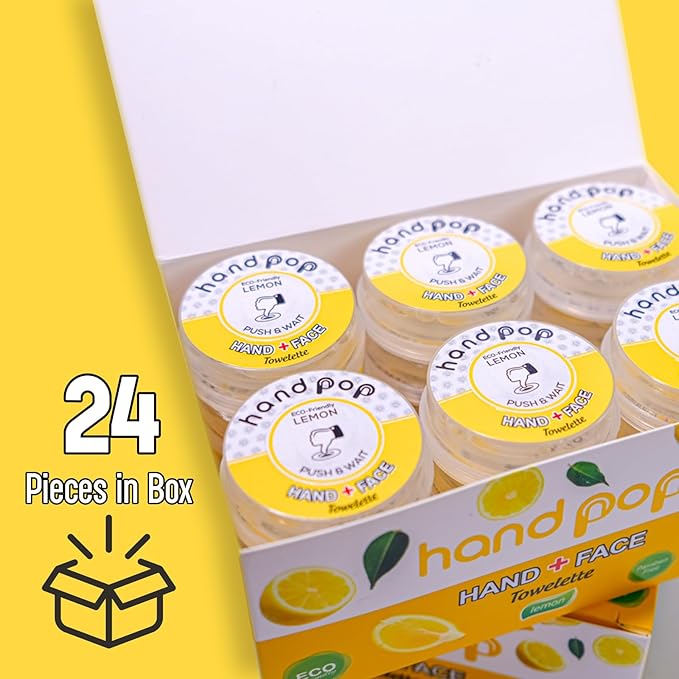 Hand Pop Lemon Scented Wipes - 24 Pack of Travel Size Wet Towelettes, Alcohol-Free, Wipes for Skin Hydration, Convenient, Eco-Friendly, Refreshing, Fits in Gym Bag, Purse, Pocket, or Luggage
