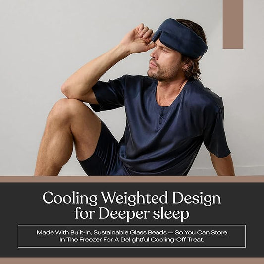 Lunya Weighted Silk Sleep Mask – Mulberry Silk Eye Cover with Cooling Glass Beads, Noise-Reducing Fit, Washable Fabric, and Travel Pouch – Sleeping Mask for Men and Women - Deep Blue – Large