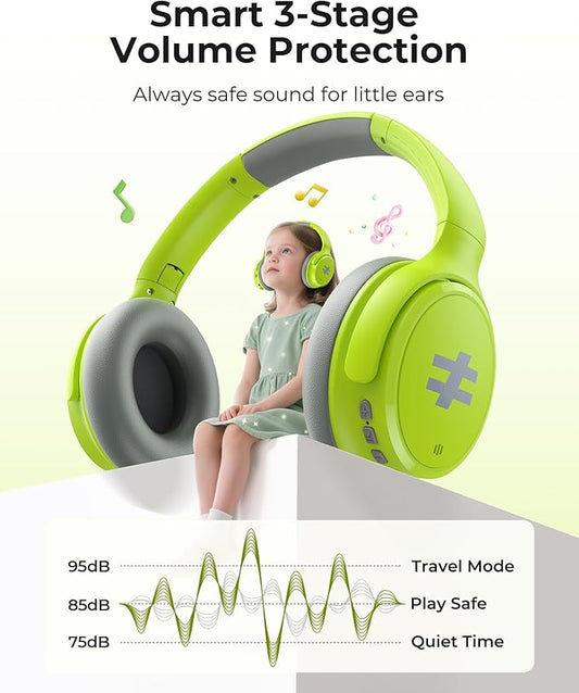 seenda Kids Wireless Active Noise Cancelling Headphones, 60H Playtime, Safe Volume (74/85/94dB), Bluetooth 5.4, Type-C Foldable Headphones with Mic for School, iPad, Airplane, Travel, Green