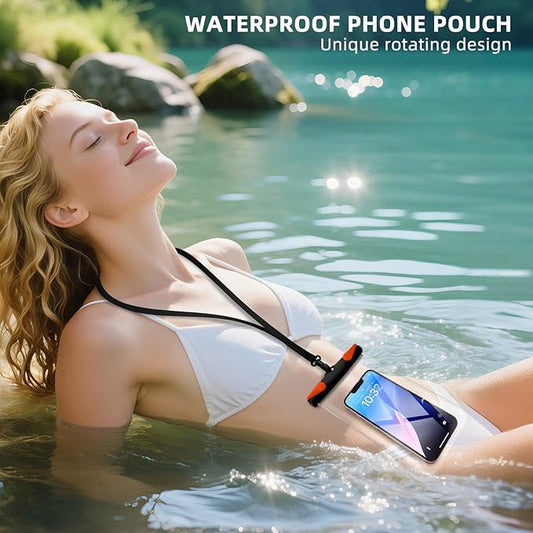 Waterproof Phone Pouch, Waterproof Phone Case with Lanyard for iPhone, Samsung, IPX8 Cellphone Beach Dry Bag Kayak Cruise Ship Essentials 2Pack-7.5" Black Orange