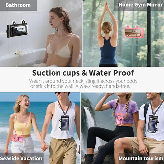 XL Waterproof Phone Pouch iPhone &Shower Phone Holder Waterproof with 2 Suction Cups,Water Phone Protector Pouch with Adjustable Lanyard,Floating Phone Case for iPhone 16 15 14 ProMax (Black)