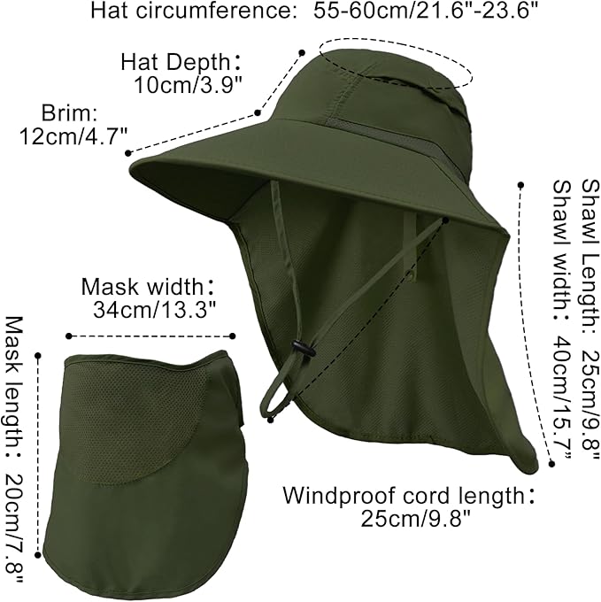 Sun Hats for Men Women Detachable Face Cover Wide Brim Fishing Hats with Neck Flap UPF 50+ Outdoor Safari Hats