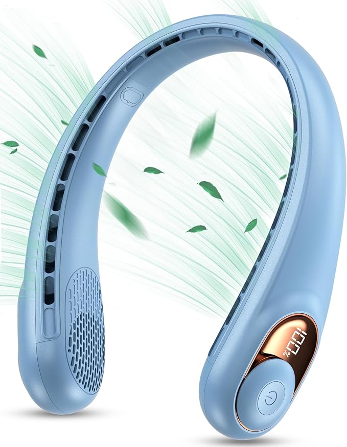 KIDEE Neck Fan, Portable Fan, Neck Fans Rechargeable, Upgraded LED Display, 4000 mAh Battery Operated, 3 Speeds Adjustable Personal Wearable Fan, Gifts for Women Men, Greenish White