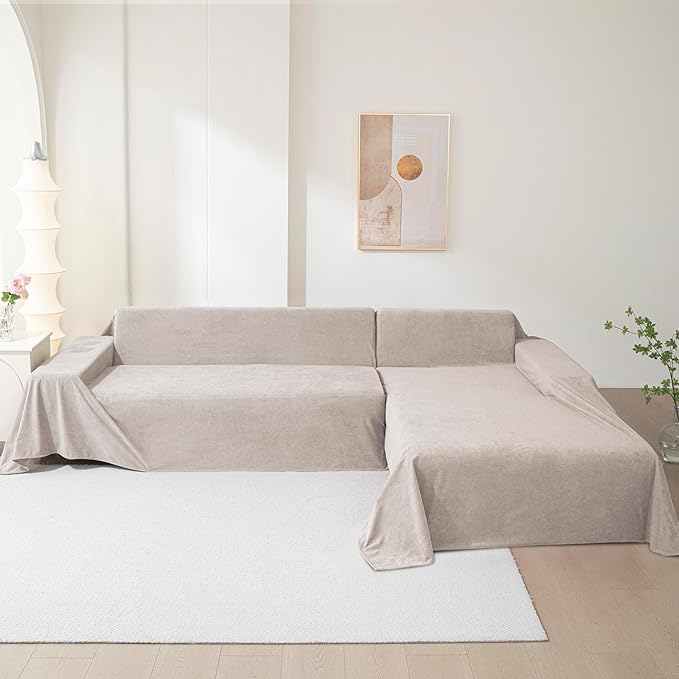 MEETSKY Couch Cover for 3 Cushion Sofa, Cat Scratch Proof Couch Protector Washable Sofa Covers Sectional Couch Covers for Dogs Soft L Shape Sofa Slipcover for Pets Kids, 91" x134”, Oat