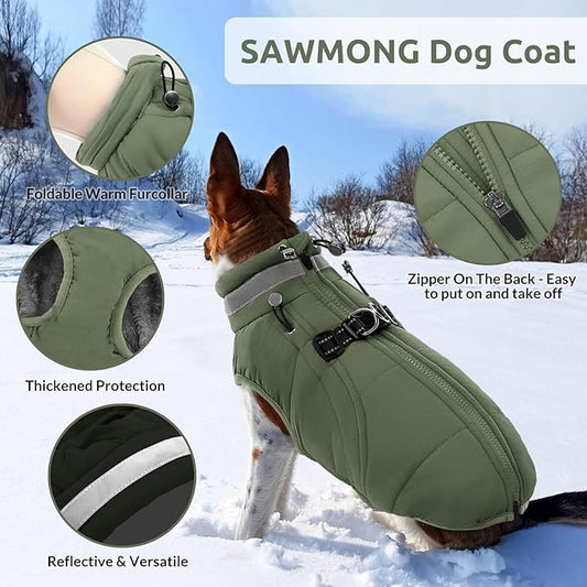 SAWMONG Dog Coat, Warm Dog Winter Coat, Waterproof Fleece Jacket, Cold Weather Dogs Jacket (2XL,Green)