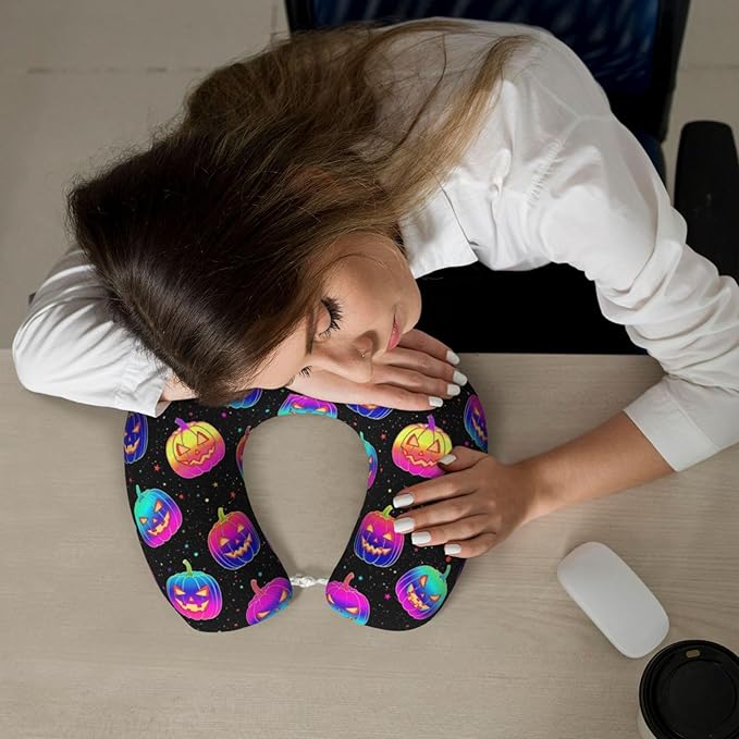 Neck Travel Pillow, Breathable Memory Foam Chin & Head Support Cushion Halloween Trippy Neon Pumpkin Skull for Airplane Car Sleeping Rest