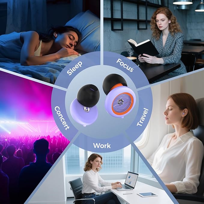Senvok Ear Plugs for Sleeping Noise Cancelling with 3 Noise Reduction Levels - 50dB NRR Soft Silicone Earplugs for Sleep, Work, Travel - with 8 Ear Tips, 6 Fluorescent Rings and Carrying Case(Purple)