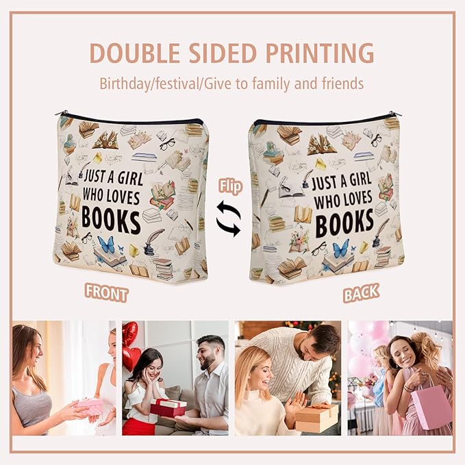 Book Lovers Gifts: Perfect Book themed Cosmetic Bag Just A Girl Who Loves Books For Daughters, Sisters, Friends,Teen Girls & Women.Ideal Bookish Gift For Travel, Birthdays, & Christmas.