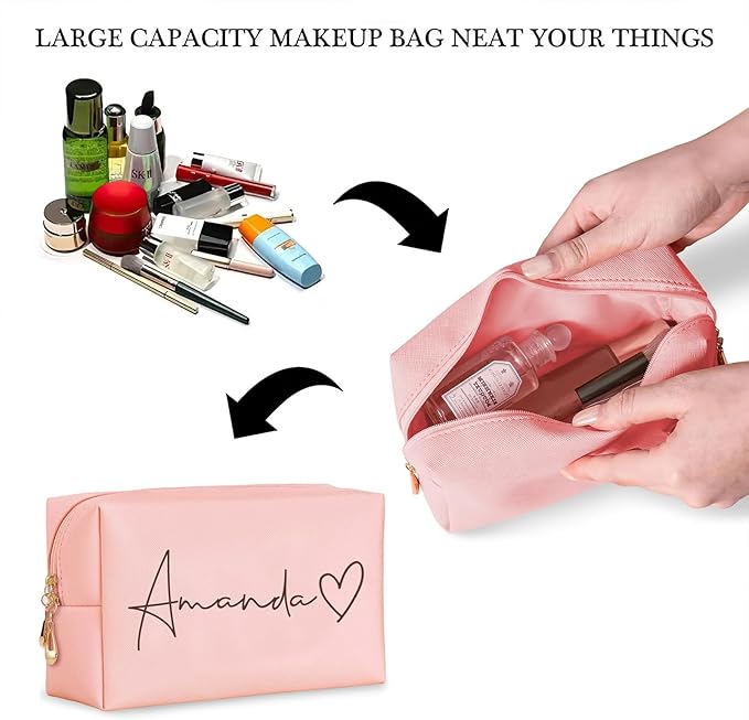 DayOfShe Personalized Bridesmaid Gifts Custom Name Makeup Bag Cosmetic Bag for Birthday Gifts, Personalized Engagement Wedding Gifts Best Friend Bag Gifts