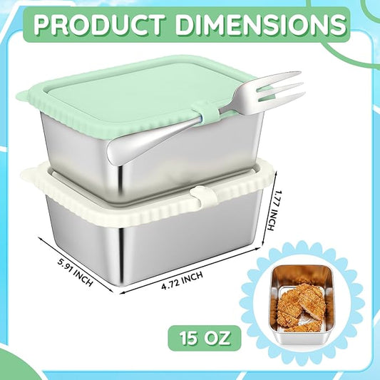 Acellegic Stainless Steel Snack Containers with Silicone Lids, 15 oz Reusable Food Storage Deli Containers for Meal, Leak Proof, Easy Open BPA Free Daycare and School(Beige, Green,2 Pack)