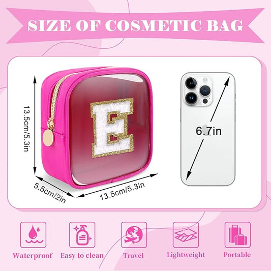Personalized Initial Letter Clear Preppy Makeup Bag,Mini Nylon Chenille Letter Cosmetic Bag Cute Zipper Pouch Coin Purse for Teen Girls,Portable TSA Approved Travel Essentials Bag Gift for Women,E