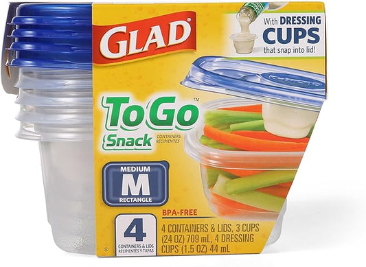 Glad GladWare To Go Snack Food Storage Containers - Medium Round - Meal Container Holds up to 24 Ounces of Food - Lock Tight Seal, 4 Count