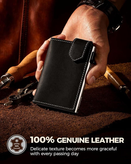 LORZOR Slim Wallet for Men with Security Latch, Pop Up Metal Card Holder Wallet, Finest Full Grain Leather Bifold Wallets, Smart, Minimalist, RFID Blocking, Front Pocket, ID Window