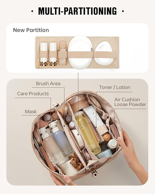 EACHY Travel Makeup Bag,Large Capacity Cosmetic Bags for Women,Waterproof Portable Pouch Open Flat Toiletry Bag Pattern Makeup Bag (F-Brown-Large)