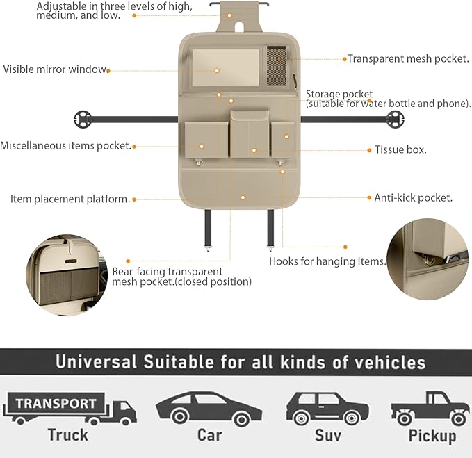 Car Seat Organizers,Multi-functional Back Seat Protectors, Storage Pouches, and Tray Holders (for Cars, Kids, Seat Back and Rear Seats) (Plain Beige, 2 Pcs)