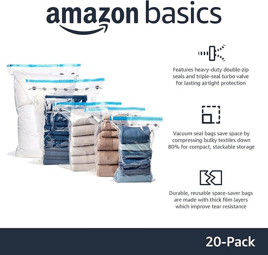 Amazon Basics Vacuum Compression Space Saving Storage Bags with Hand Pump for Travel, Multiple Sizes for Clothes and Blankets, Clear, 20 Pack (5 Small, 5 Medium, 5 Large & 5 Jumbo)