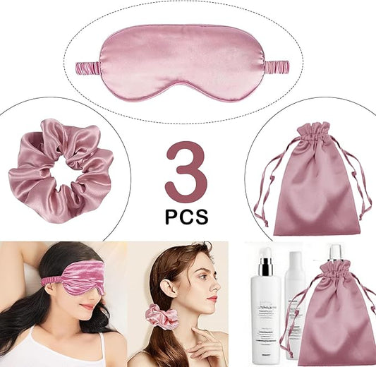 3Pcs Satin Eye Mask Silk Sleep Masks Set Silky Blindfold Eyeshade Blackout Eyes Cover Pouches Bag Scrunchy Wedding Gift