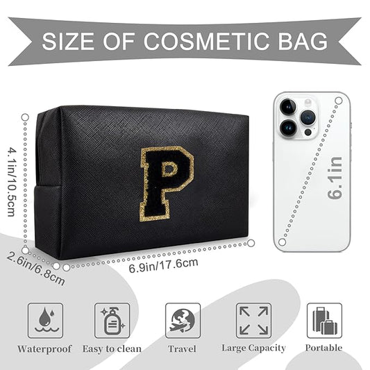 Personalized Initial A-Z Preppy Patch Makeup Bag,Small PU Chenille Letter Cosmetic Bag with Zipper for Teen Girls,Black Cute Toiletry Organizer Bag,Monogram Makeup Case Gift for Women Girls,Letter P