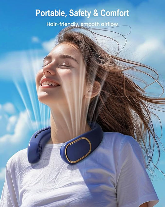 SHEWIND Portable Neck Fan - Hands Free Personal Fan, Rechargeable Bladeless Fan with 5000mAh-Battery, Digital Display, 4 Speeds, Birthday Gifts for Men, Women, Mom, and Dad - Blue