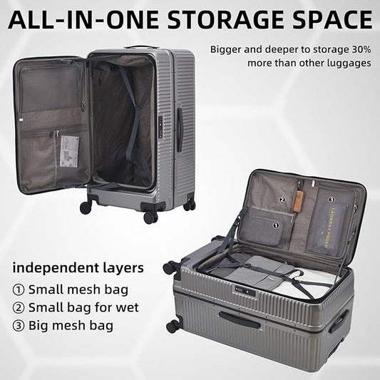 29 Inch Aluminum Checked Luggage with Side Opening Zipper, 40 * 37 * 77cm, 113L, Lightweight Hardshell ABS+PC Suitcase with TSA Lock, 360° Universal Wheels, Dark Gray