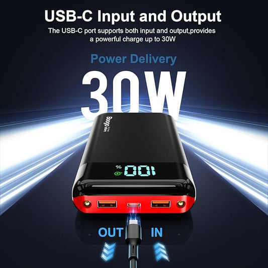 Portable Charger Power Bank 52800mAh Powerbank PD 30W and QC 4.0 Fast Charging Built-in Bright flashlight LED Display 2 USB 1Type-C Output External Battery Pack for iPhone, Samsung, iPad etc (red)