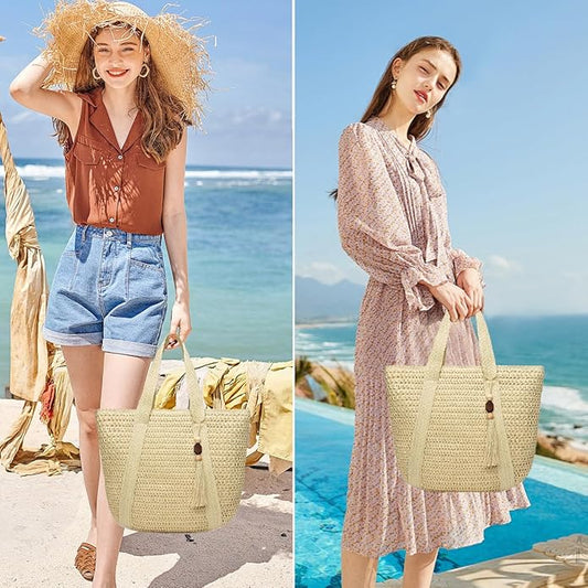 Straw Beach Bags for Women Woven Beach Tote Bag Casual Boho Large Shoulder Handbags Purse for Vacation Holiday