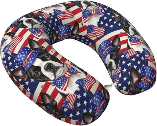 Memory Foam Airplane Pillow American Flag Boston Terrier for Car Chin Head Neck Supporting, U Shape Pillows Travel Cushion for Office, Nap Sleeping