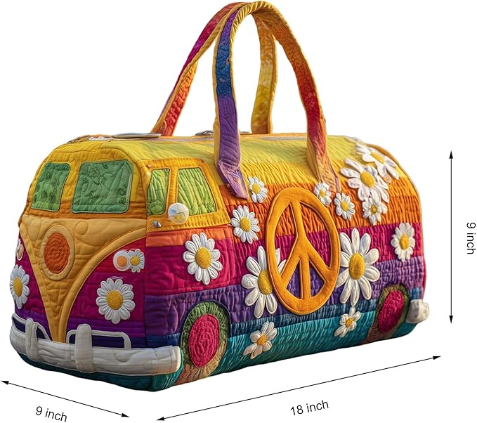 Hippie Journey Quilted Duffel Bag Hippie Van Travel Duffel Bag Vintage Floral Weekender Overnight Bags Women Gym Bags