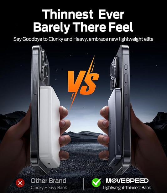 MOVE SPEED 0.5'' 10,000mAh Magnetic Power Bank, MagSafe Portable Charger iPhone 17 Air Accessories,Magsafe Battery Pack for iPhone 17 Pro Max Air/16/15/14/13/12,Travel Essential,Glacier Gray