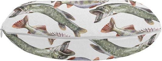 Ambesonne Fishes Travel Pillow Neck Rest, Watercolor Common Carp Perch and Bass Freshwater Animals Themed Seafood Drawing, Memory Foam Traveling Accessory for Airplane and Car, 12", Grey Green